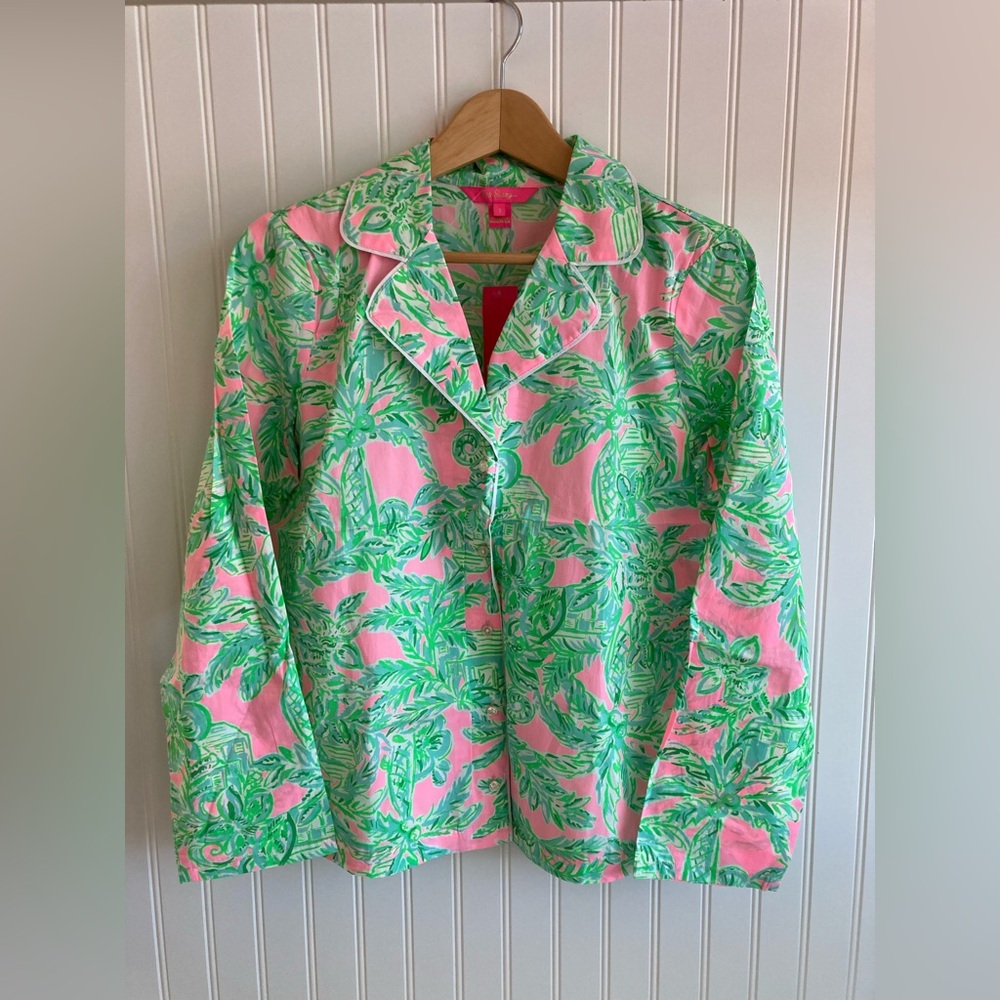 Lilly Pulitzer Pink and Green Notched Collar Button Down Shirt